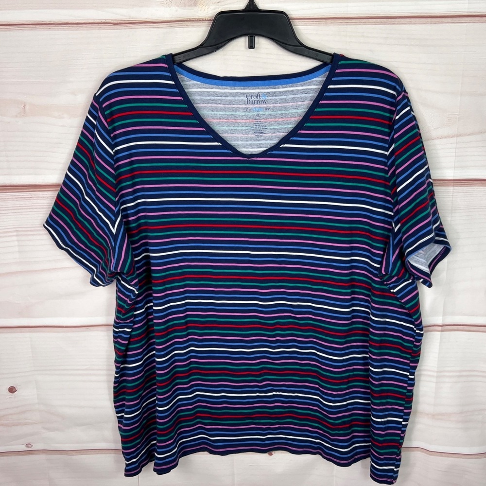 Croft & Barrow Top Women 4X Blue Striped T-Shirt Classic Tee V-Neck Short Sleeve